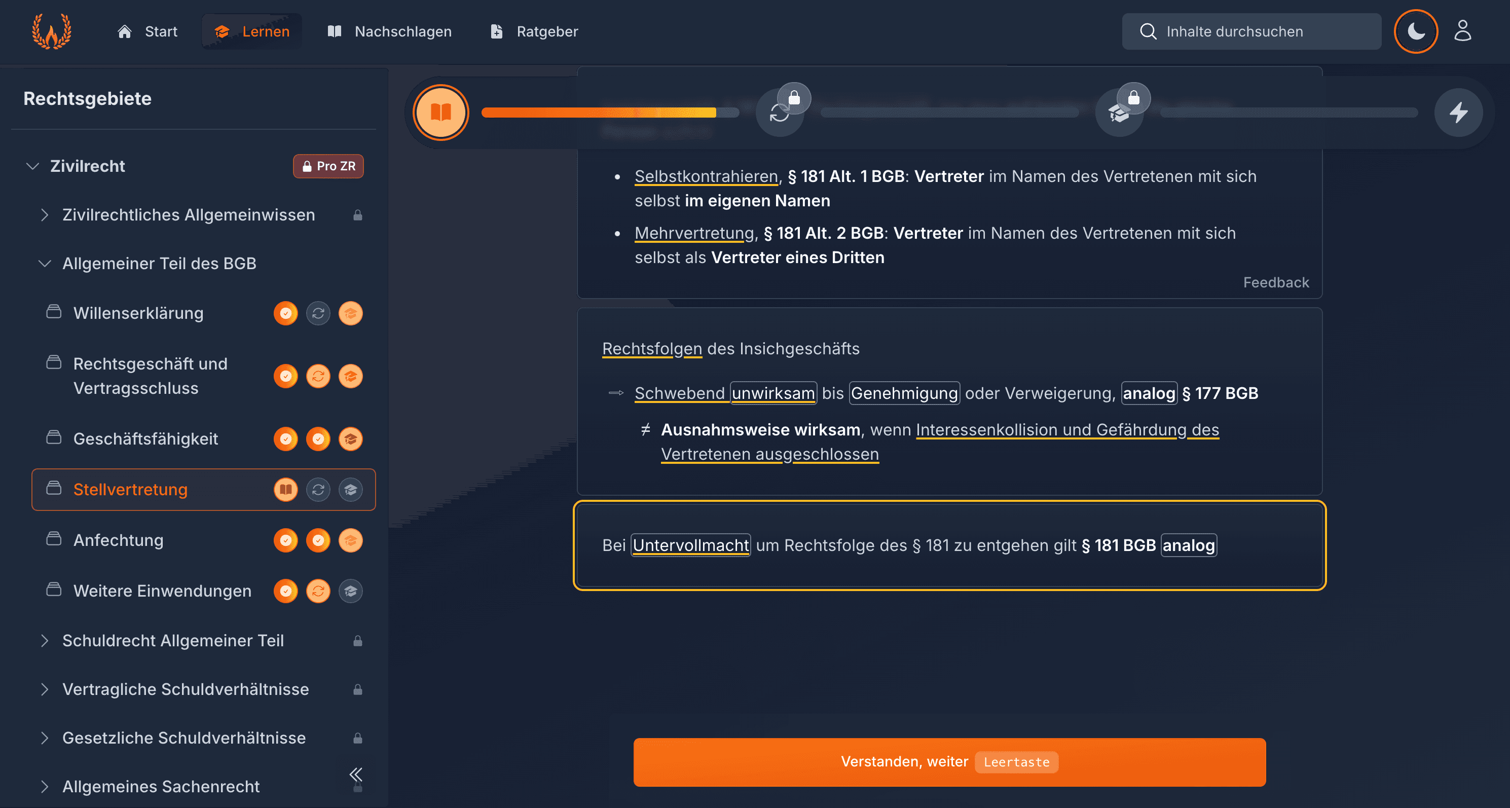 Jura online lernen - Interaktives Lernsystem mit Karteikarten und Testaufgaben