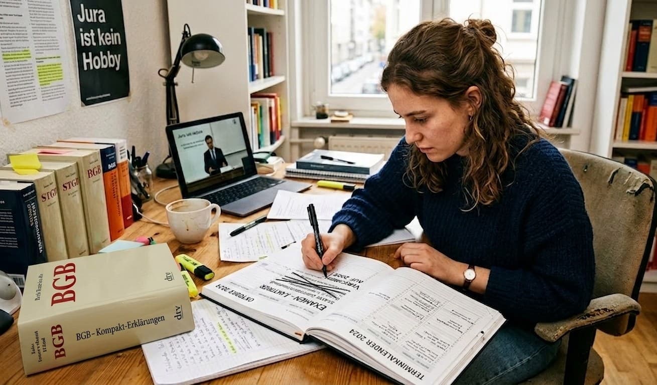 Jurastudentin plant am Schreibtisch mit Terminkalender ihre verschobene Examensvorbereitung
