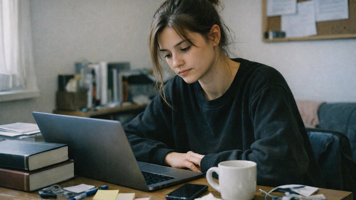 Studentin lernt konzentriert am Schreibtisch mit Laptop und Büchern