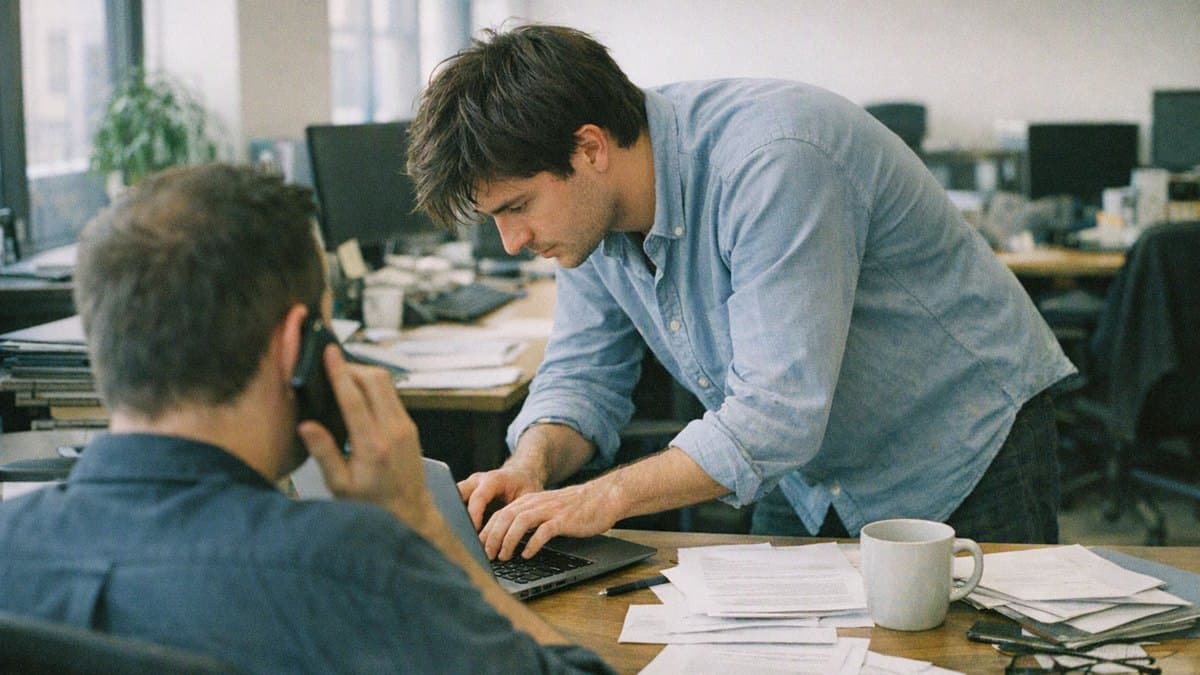 Ein Kollege tippt am Laptop am Schreibtisch eines telefonierenden Mitarbeiters, Sinnbild für Handeln im fremden Namen bei Duldungs- und Anscheinsvollmacht