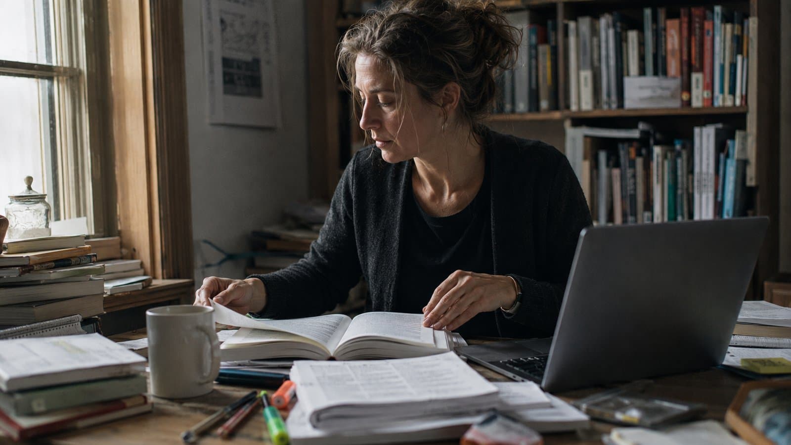 Frau lernt am Schreibtisch mit Laptop und Büchern, Sinnbild für Jura als Zweitstudium