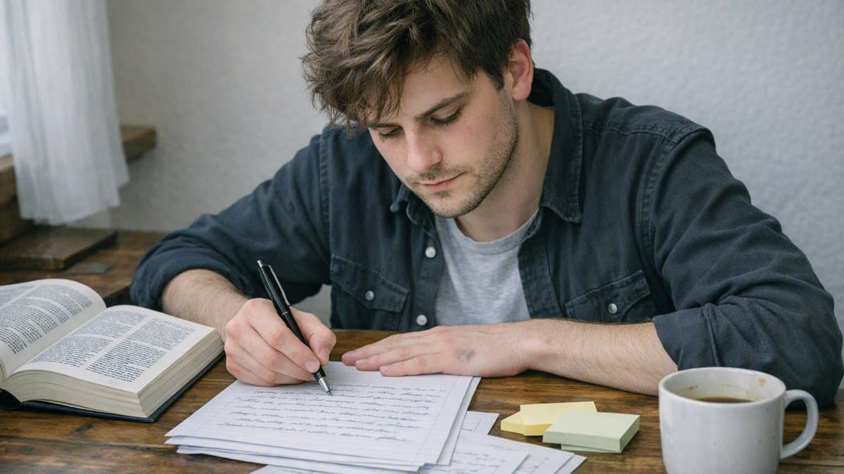 Jurastudent schreibt konzentriert handschriftlich an einem Gutachten, daneben ein aufgeschlagenes Gesetzbuch, Notizen und eine Kaffeetasse
