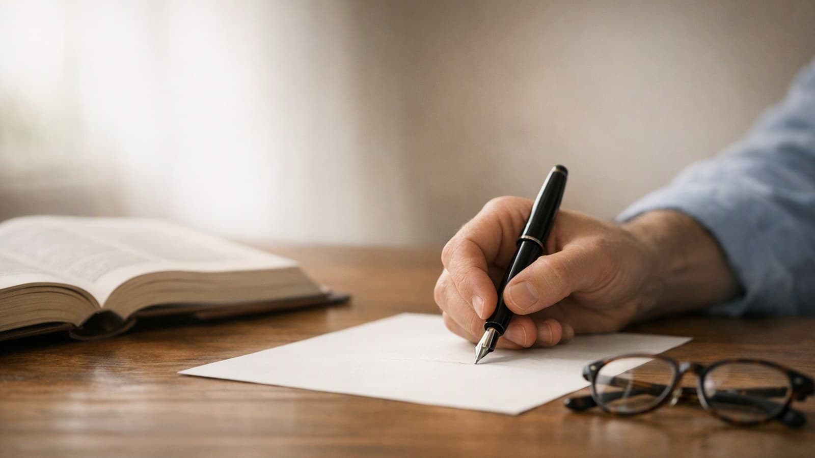 Hand schreibt mit einem Füllfederhalter am Schreibtisch, daneben ein aufgeschlagenes Gesetzbuch und eine Brille, Sinnbild für den juristischen Gutachtenstil