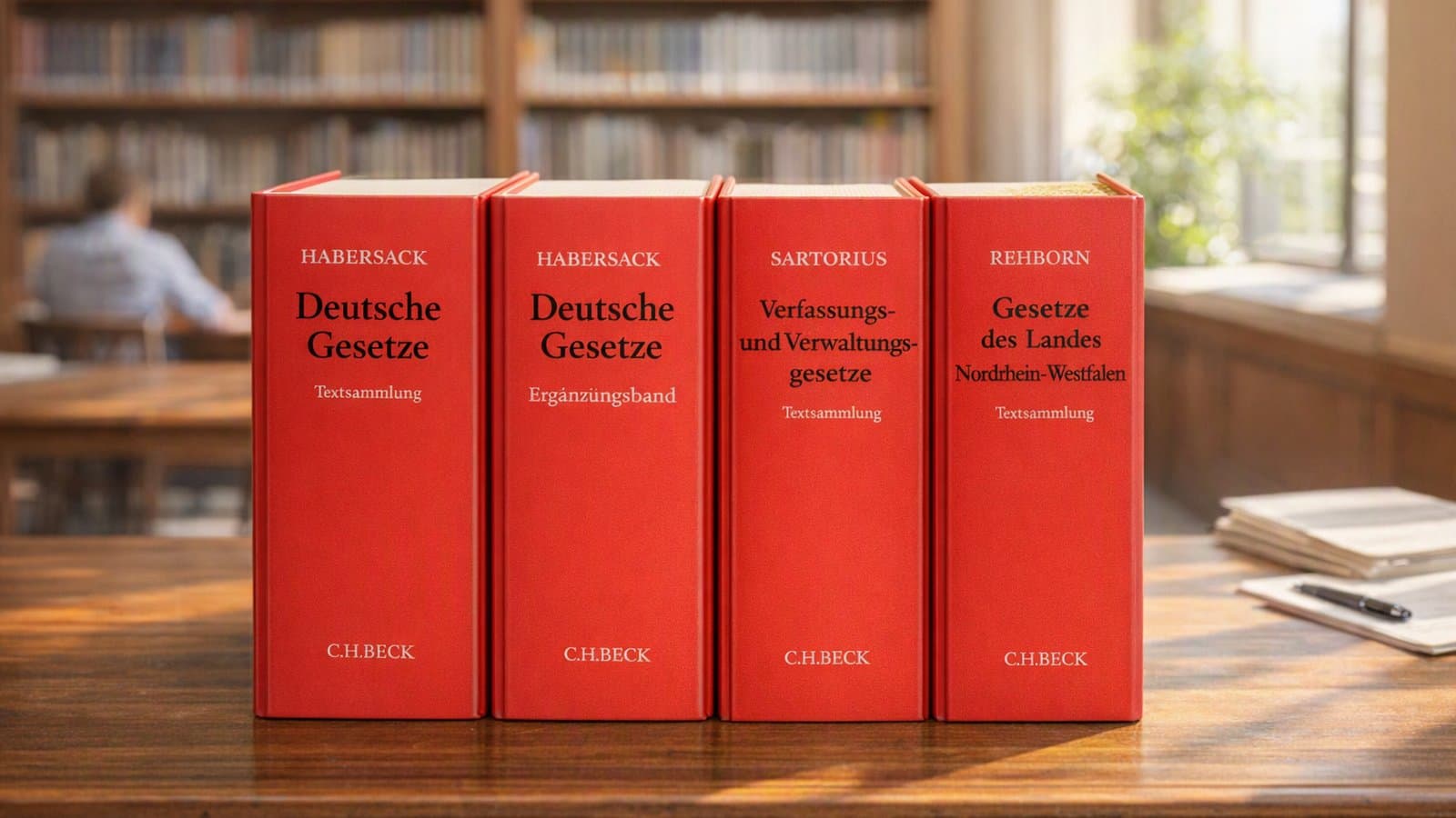 Vier rote Gesetzessammlungen (Habersack, Sartorius) auf einem Schreibtisch in der Bibliothek, Sinnbild für die Gesetzestexte im Jurastudium
