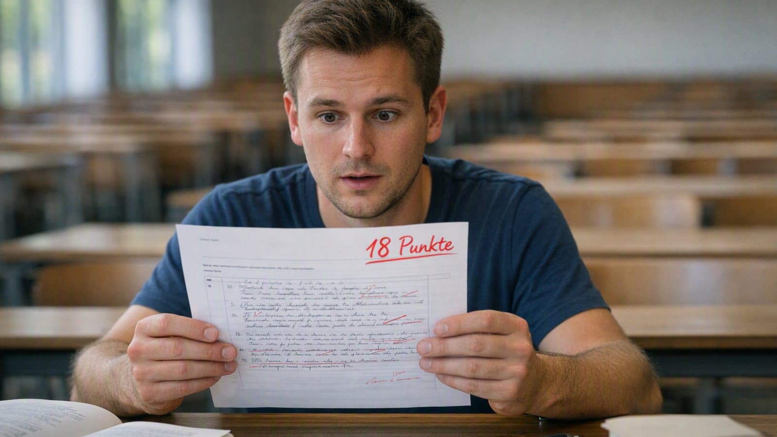 Jurastudent hält seine Klausur mit der Note 18 Punkte in den Händen