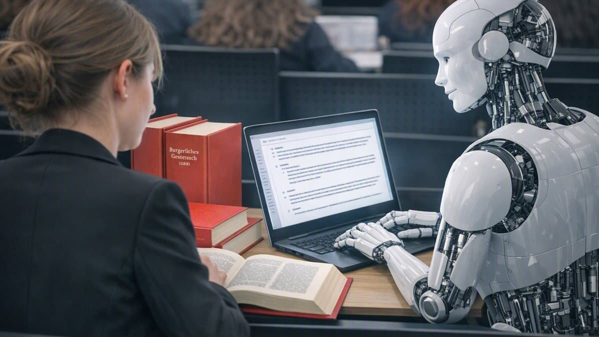 Jurastudentin arbeitet im Hörsaal mit Gesetzbüchern und Laptop, neben ihr tippt ein humanoider Roboter