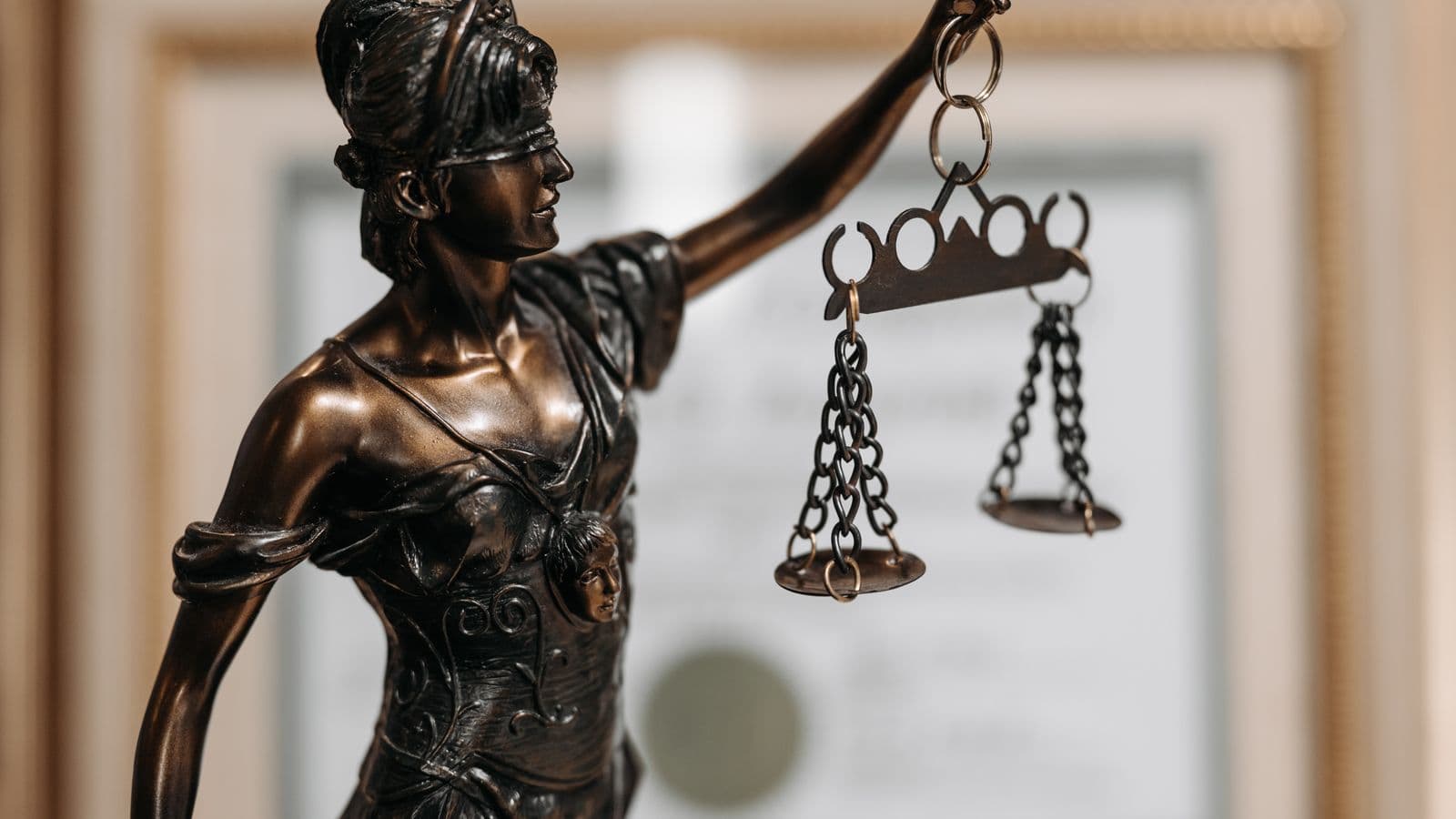 Bronzestatue der Justitia mit verbundenen Augen und einer Waage in einem Büro