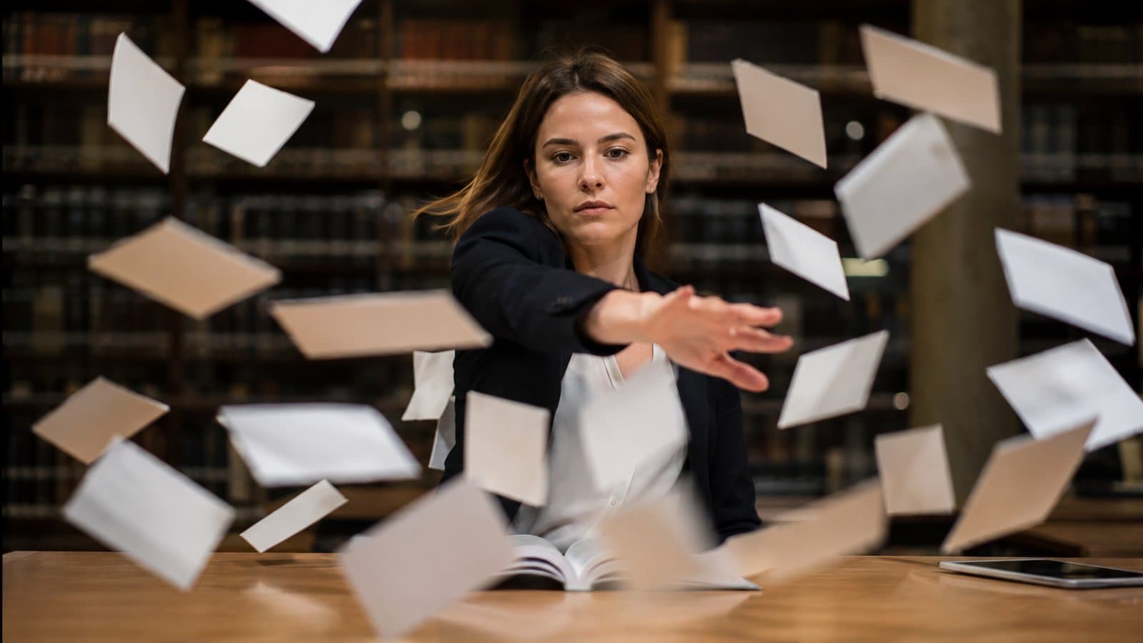 Jurastudentin an einem Bibliothekstisch, umgeben von durch die Luft fliegenden Karteikarten