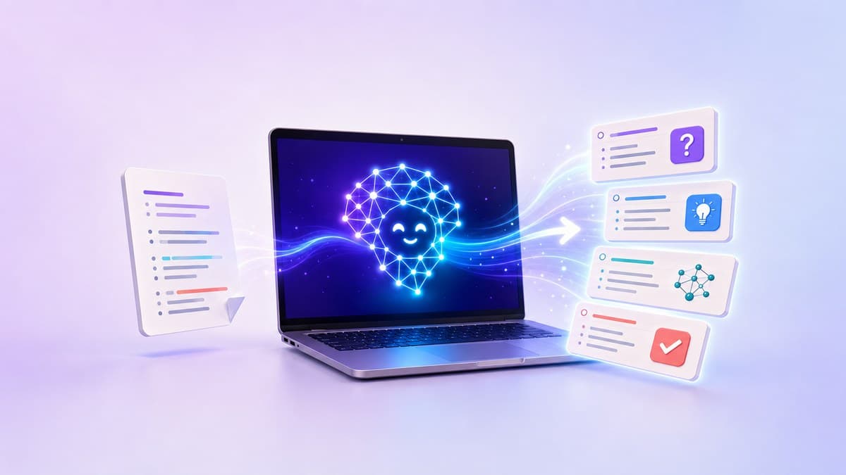 KI verwandelt ein Dokument auf einem Laptop in vier Karteikarten mit Frage-, Ideen-, Netzwerk- und Pruef-Symbol.