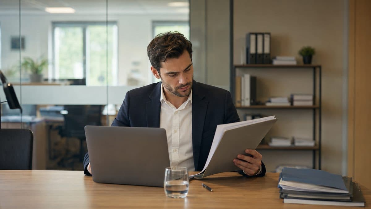 Ein Anwalt im Businessanzug prüft Vertragsunterlagen neben dem Laptop im modernen Bürogebäude