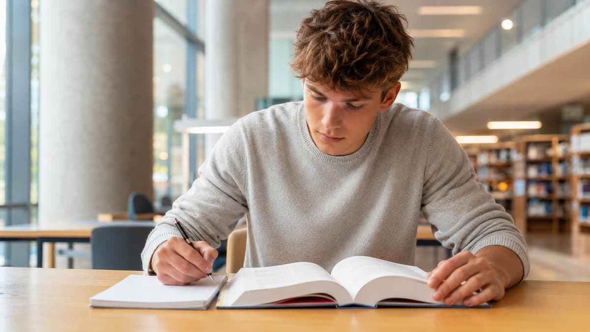 Student schreibt handschriftlich Notizen neben einem aufgeschlagenen Gesetzbuch in einer Bibliothek