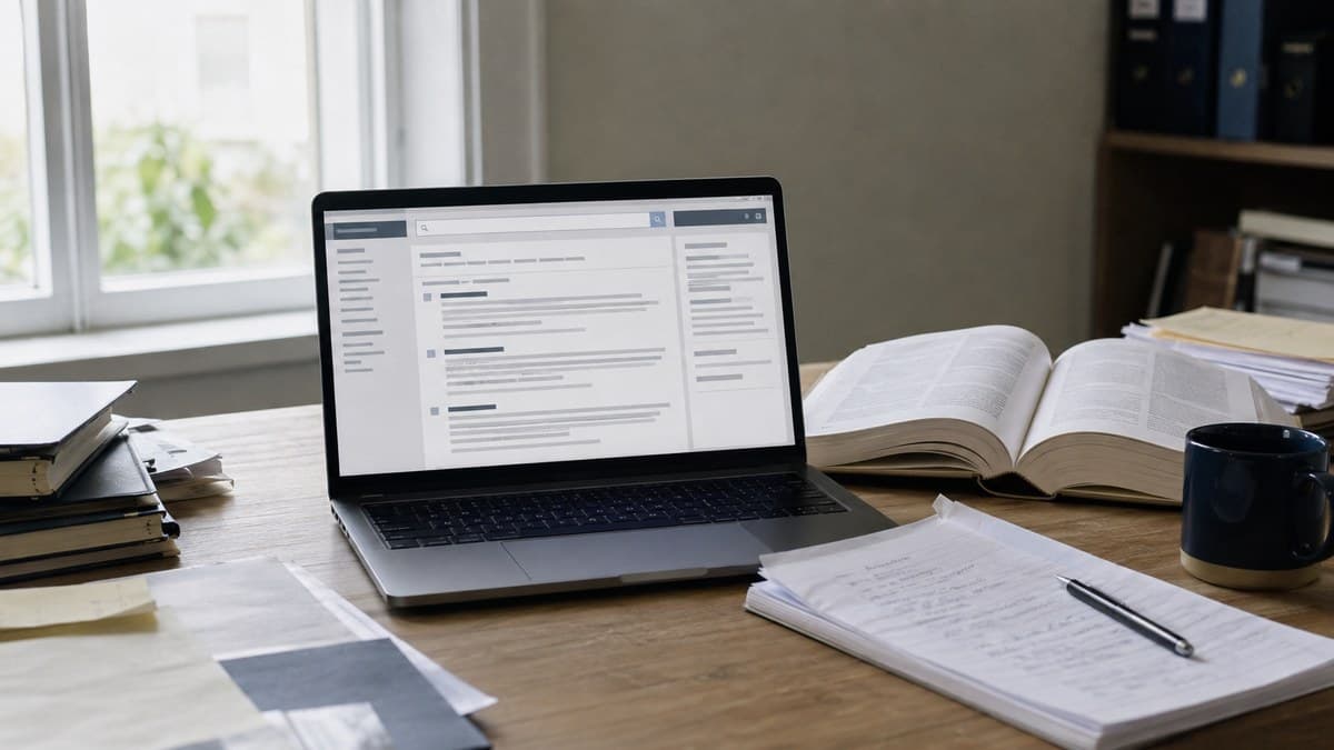Aufgeklappter Laptop mit geöffneter Datenbank-Suche auf einem Schreibtisch, daneben ein aufgeschlagenes juristisches Lehrbuch, Notizen und eine Kaffeetasse.