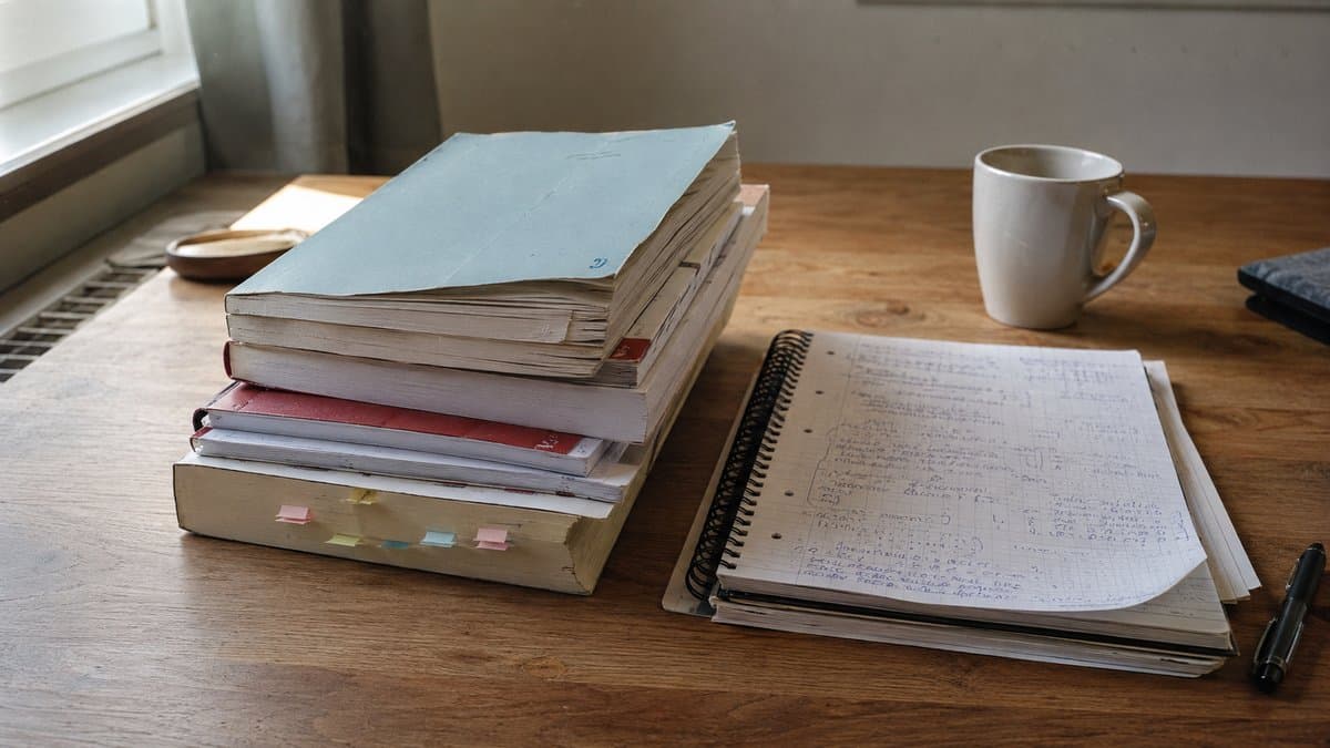 Ein Stapel abgegriffener Skripten mit Klebezetteln neben einem handschriftlich gefüllten Notizblock auf einem Holztisch