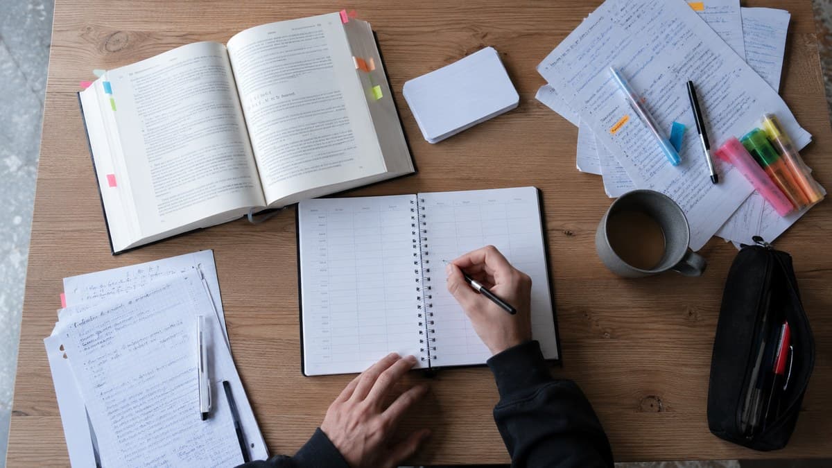Blick von oben auf einen Schreibtisch: eine Hand schreibt einen Wochenplan mit Uhrzeiten, daneben ein aufgeschlagenes Lehrbuch, Karteikarten und Notizen