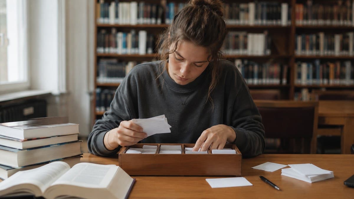Eine Studentin lernt in der Bibliothek mit einem Karteikasten voller Karteikarten.