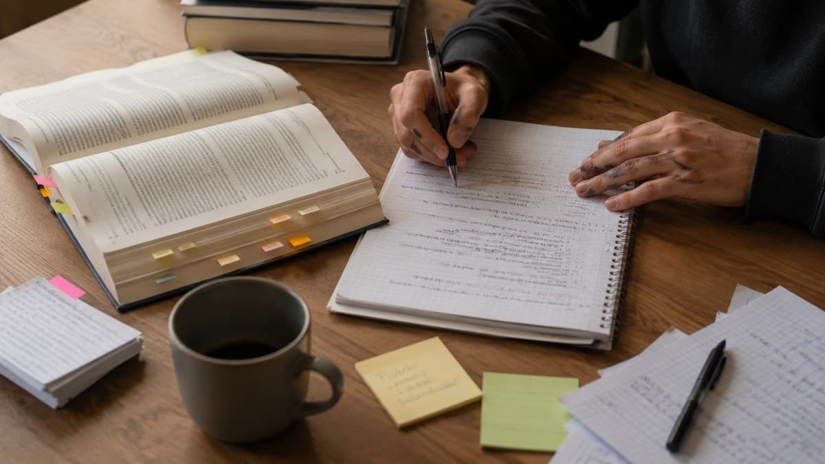 Jurastudent macht handschriftliche Strukturnotizen neben einem aufgeschlagenen Gesetzbuch