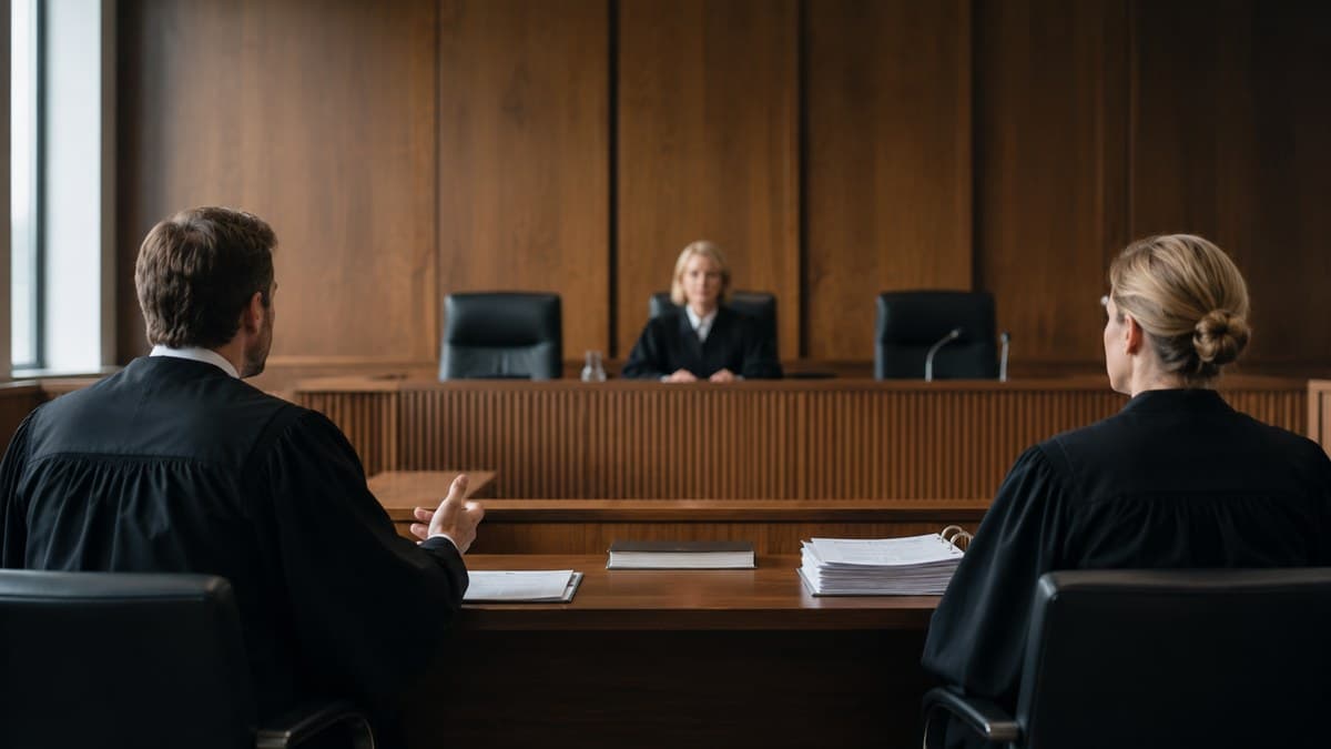 Zwei Personen in Juristenrobe an einem Tisch vor der Richterbank in einem Gerichtssaal.