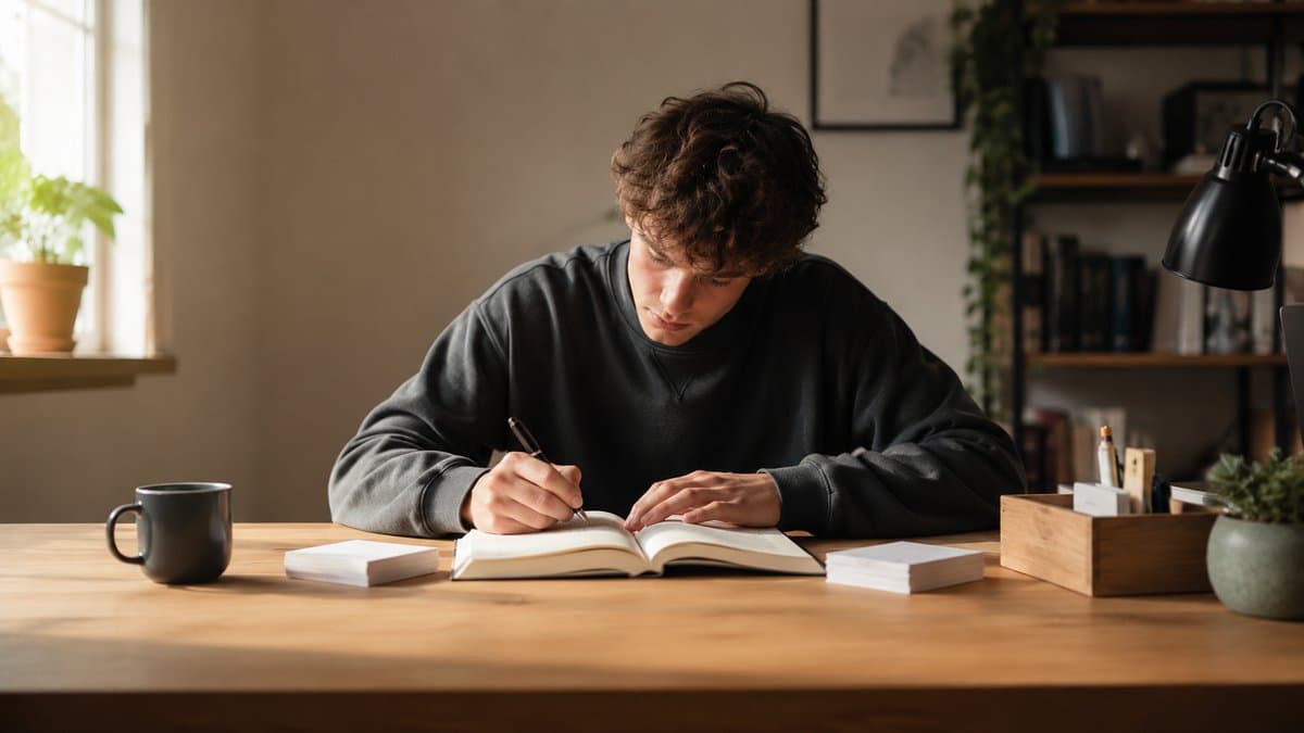 Ein Student schreibt konzentriert in ein aufgeschlagenes Buch, daneben liegen Stapel von Karteikarten auf dem Schreibtisch.