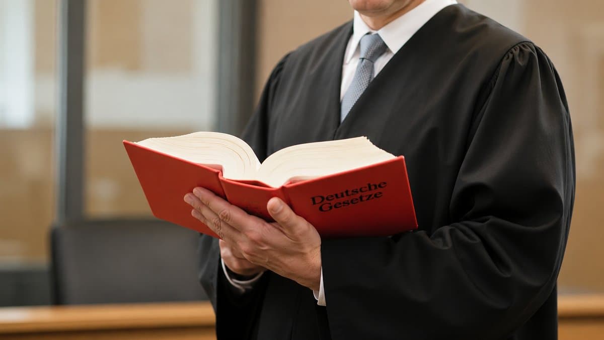 Jurist in schwarzer Robe liest in einem aufgeschlagenen roten Gesetzbuch mit der Aufschrift Deutsche Gesetze