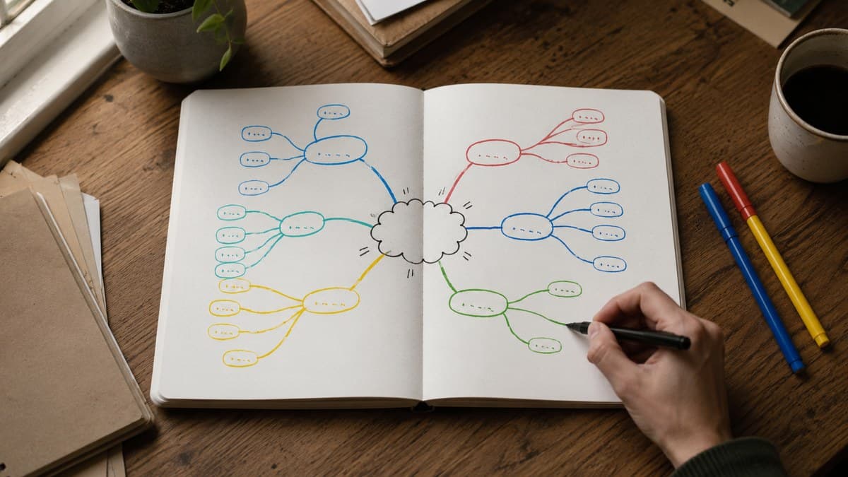 Bunte handgezeichnete Mindmap in einem Notizbuch, daneben Marker und eine Hand mit Stift.