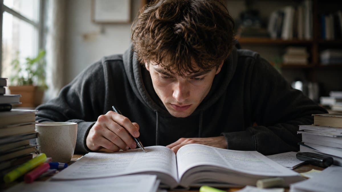 Ein junger Student schreibt konzentriert in ein aufgeschlagenes Buch, umgeben von Büchern, Notizen und Textmarkern