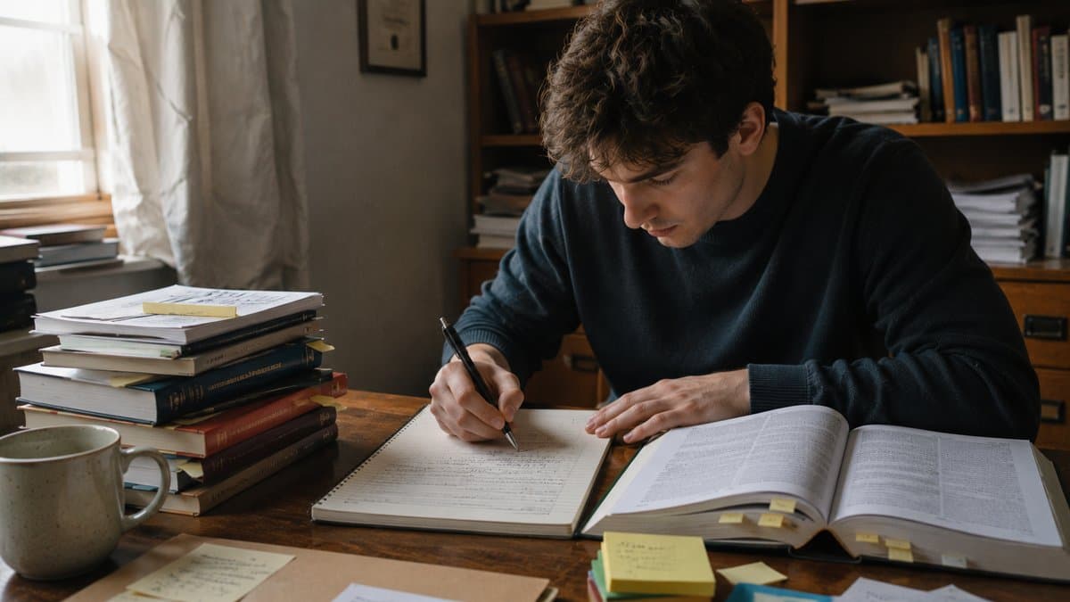Jurastudent schreibt handschriftlich eine Lösungsskizze in einen Notizblock, daneben ein aufgeschlagenes Gesetzbuch und ein Bücherstapel