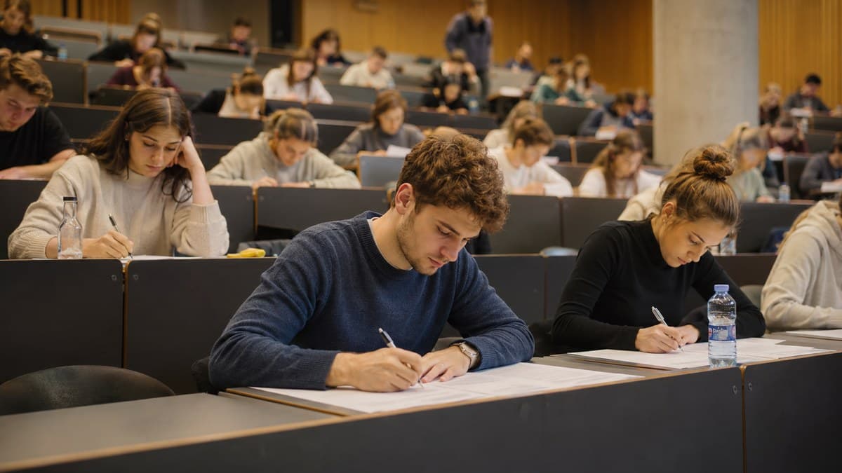 Studierende schreiben eine Klausur in einem Hörsaal