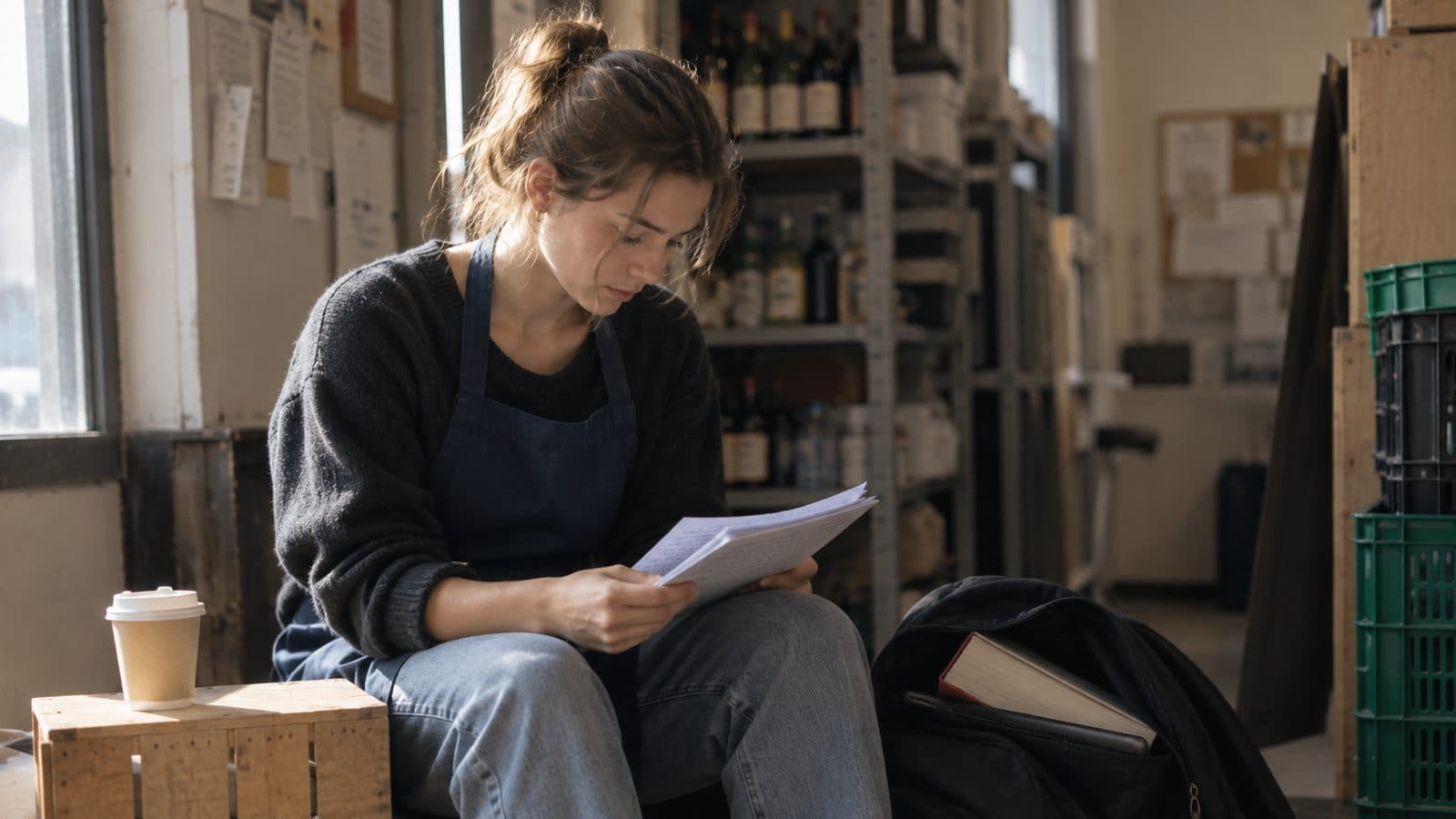 Junge Frau in dunkler Arbeitsschürze sitzt in einem Lagerraum auf einer Holzkiste und liest ihre Notizen, daneben ein Kaffeebecher und ein Rucksack mit Buch