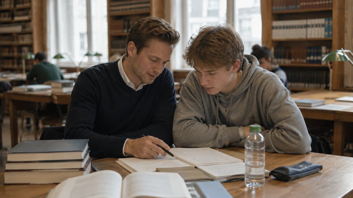 Ein Dozent erklärt einem Studenten in einer Bibliothek etwas in dessen Aufzeichnungen