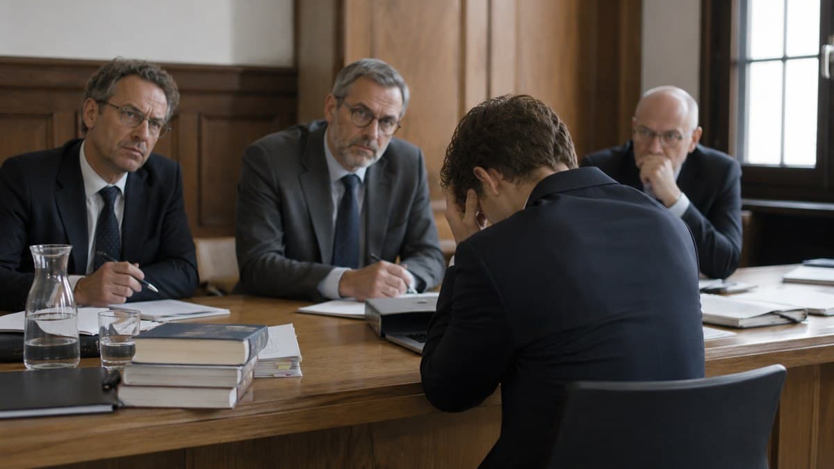 Prüfungskandidat stützt in einer mündlichen Prüfung den Kopf in die Hände, drei Prüfer am Tisch gegenüber