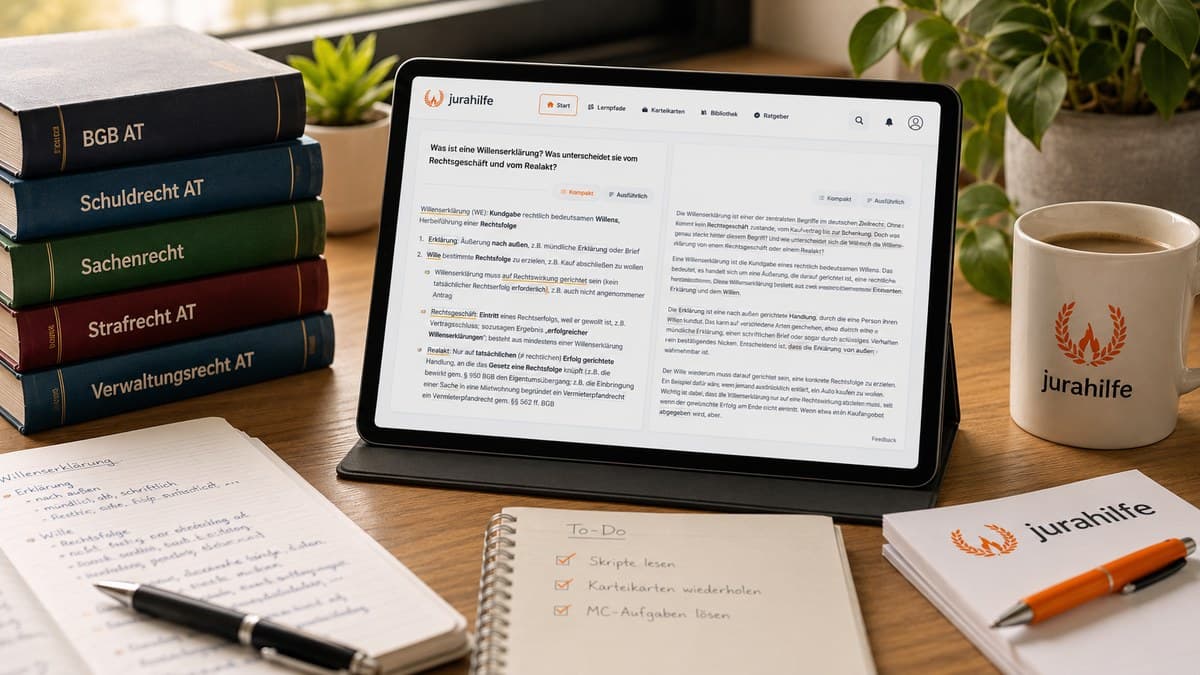 Tablet mit geöffnetem Jurahilfe-Skript, links der Kompakttext, rechts der ausführliche Text, daneben ein Bücherstapel und Notizen