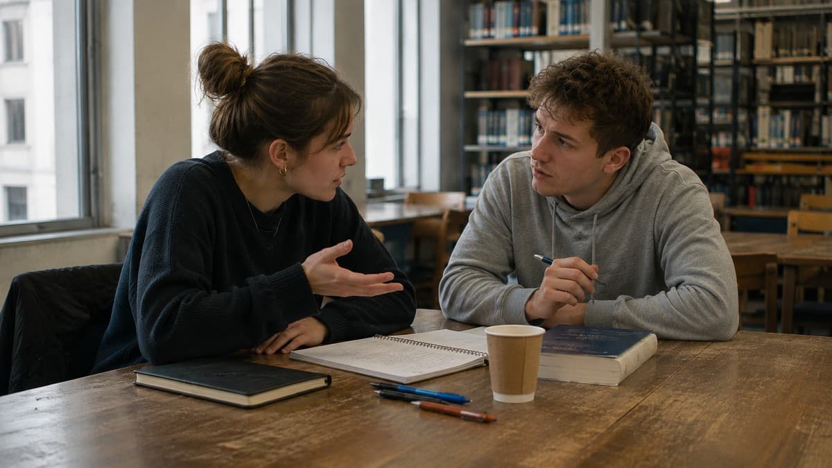 Zwei Studierende sitzen an einem Bibliothekstisch, eine erklärt mit einer Handbewegung, der andere hört zu und hält einen Stift