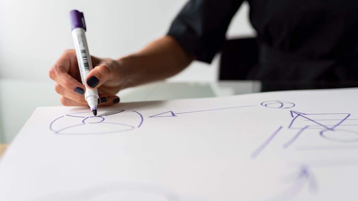 Hand zeichnet mit einem Stift Strichmännchen und Pfeile auf ein weißes Blatt