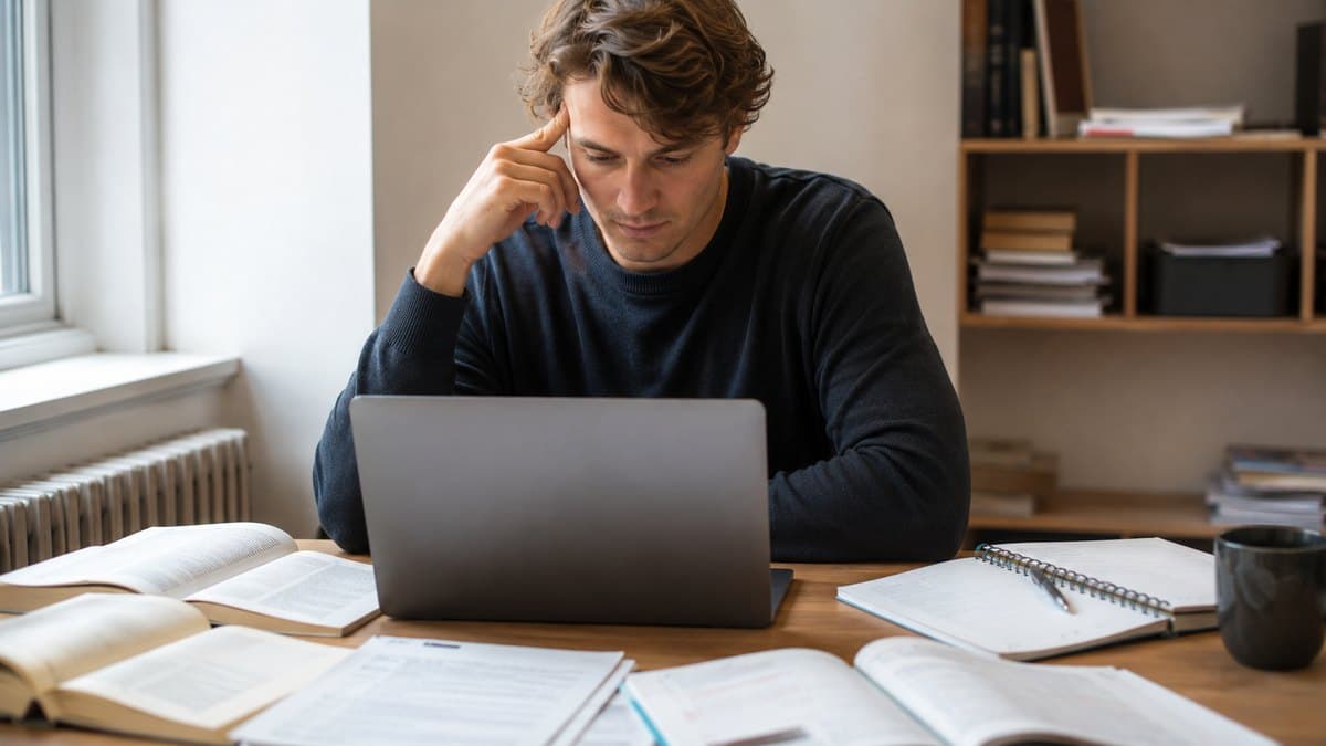 Student sitzt konzentriert vor einem Laptop, umgeben von aufgeschlagenen Büchern, Ausdrucken und einem Notizblock