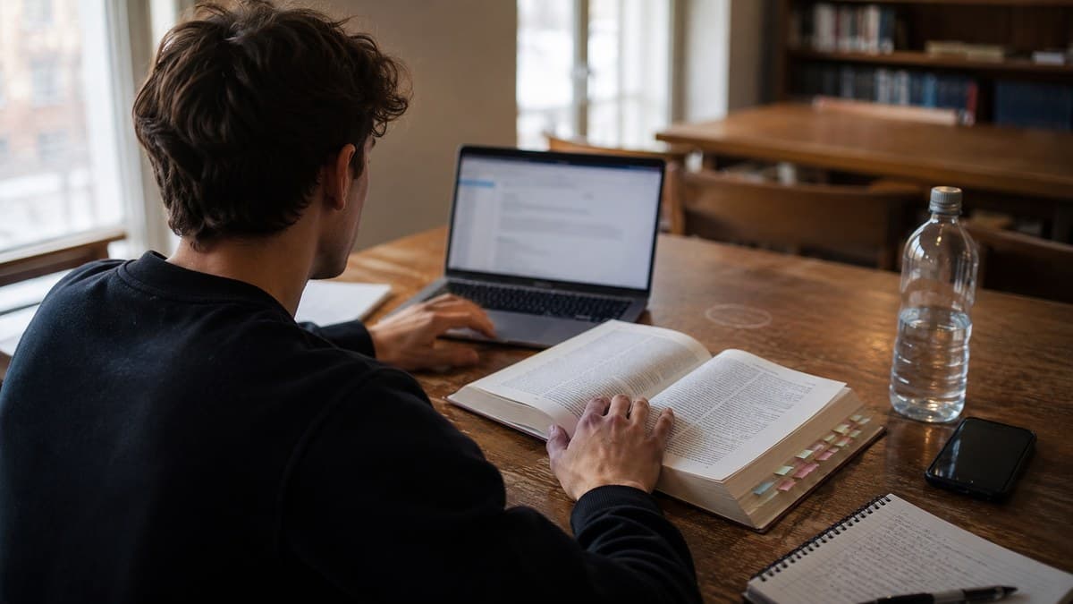 Student von hinten am Bibliothekstisch, eine Hand am Laptop, die andere auf einem aufgeschlagenen Gesetzbuch mit Klebezetteln