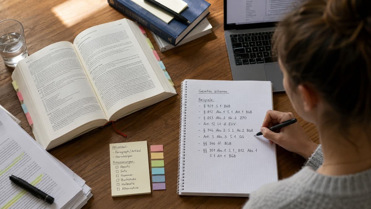 Studentin schreibt Gesetzeszitate in ein Notizbuch, daneben ein aufgeschlagenes Gesetzbuch