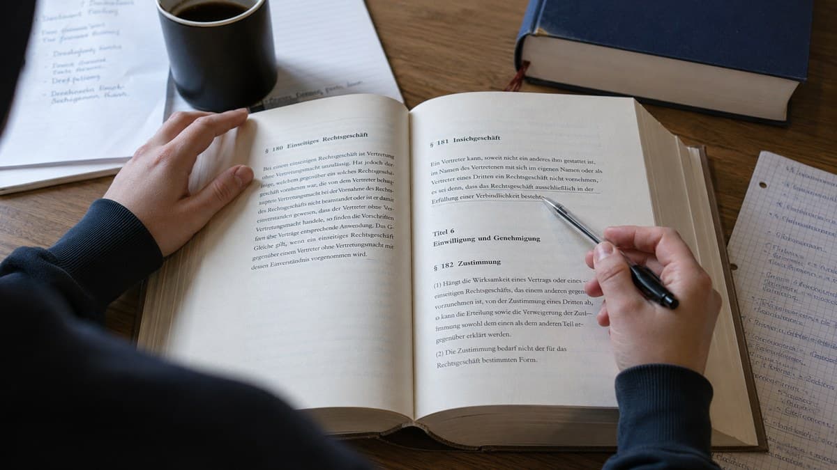 Aufgeschlagenes BGB bei den Paragraphen zur Stellvertretung, daneben handschriftliche Notizen und eine Hand mit Kugelschreiber