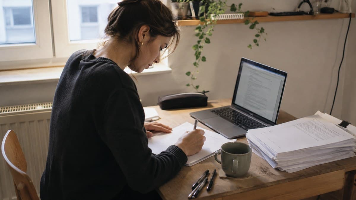 Studentin am Fenstertisch schreibt handschriftlich auf ein Blatt, daneben ein Laptop und ein hoher Stapel Papiere