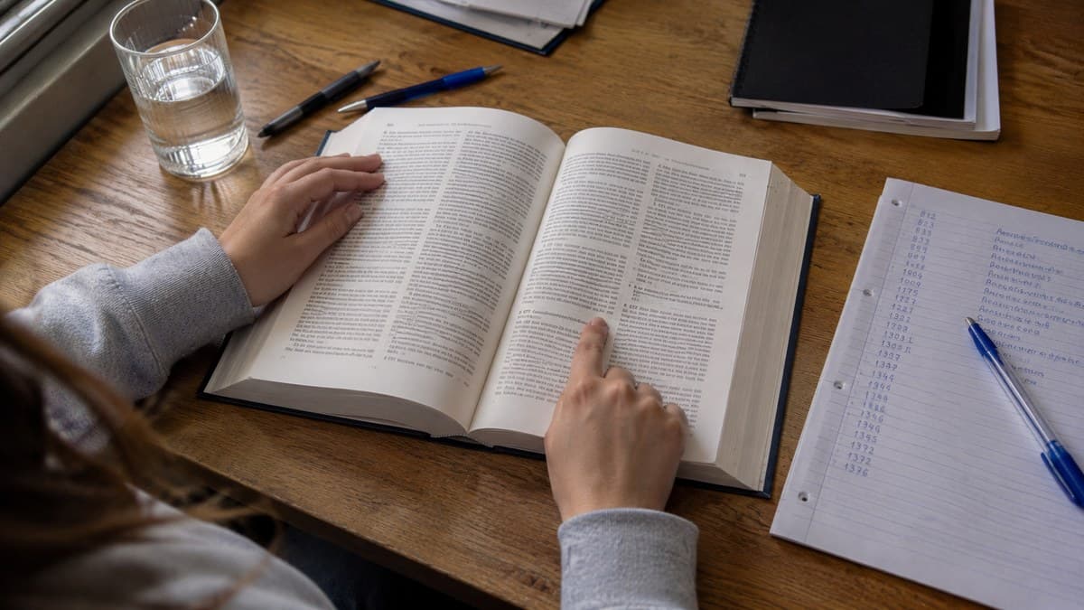 Hände auf einem aufgeschlagenen Gesetzbuch, daneben eine handschriftliche Liste von Paragraphennummern