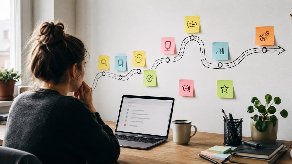 Frau am Schreibtisch blickt auf eine Wand mit einer aus Haftnotizen gelegten Roadmap