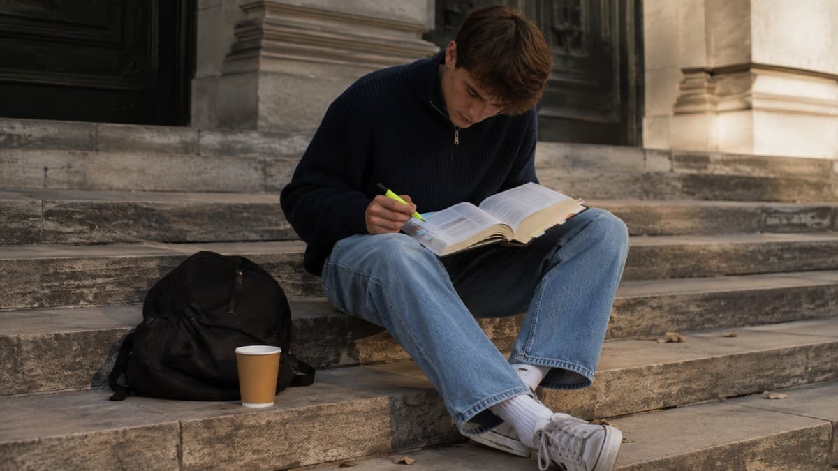 Jurastudent sitzt mit aufgeschlagenem Gesetzbuch und Textmarker auf den Stufen eines Universitätsgebäudes