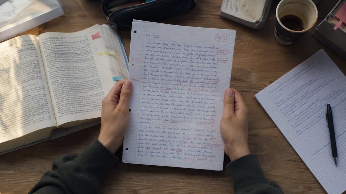 Hände halten eine korrigierte handschriftliche Klausur mit roten Randbemerkungen über einem Schreibtisch mit aufgeschlagenem Gesetzbuch