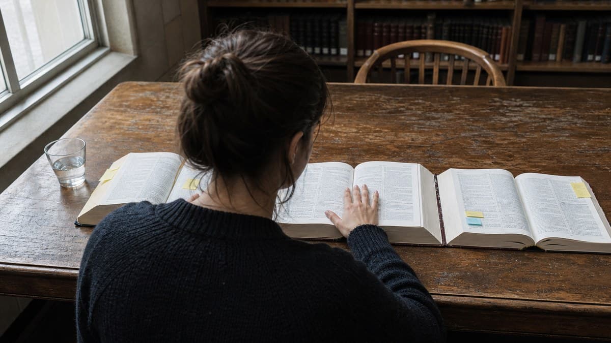 Studentin von hinten an einem Bibliothekstisch mit drei aufgeschlagenen Gesetzbüchern, eine Hand auf dem mittleren Buch