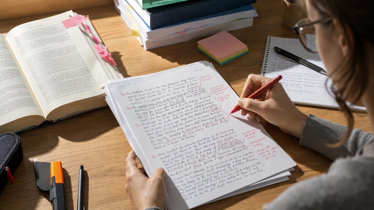 Korrektorin macht mit rotem Stift Randbemerkungen auf einer handschriftlichen Klausur, daneben ein aufgeschlagenes Gesetzbuch mit Fähnchen