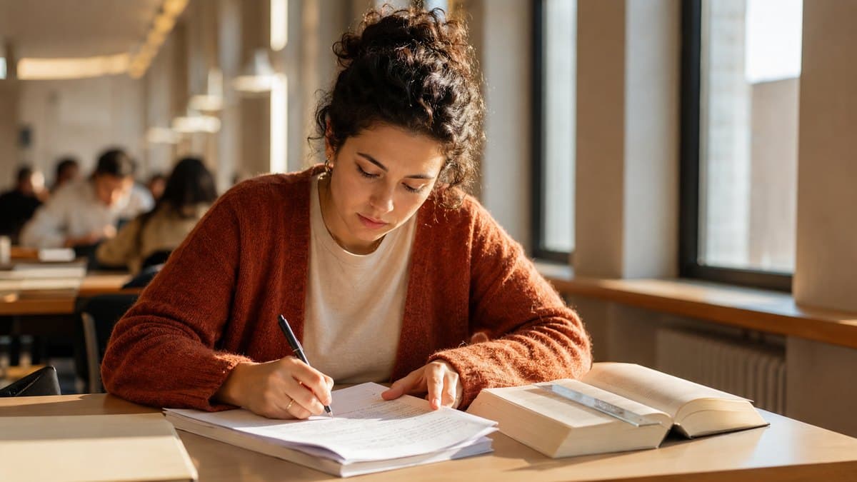 Studentin schreibt am Fensterplatz eines Lesesaals handschriftlich, neben ihr ein aufgeschlagenes Buch