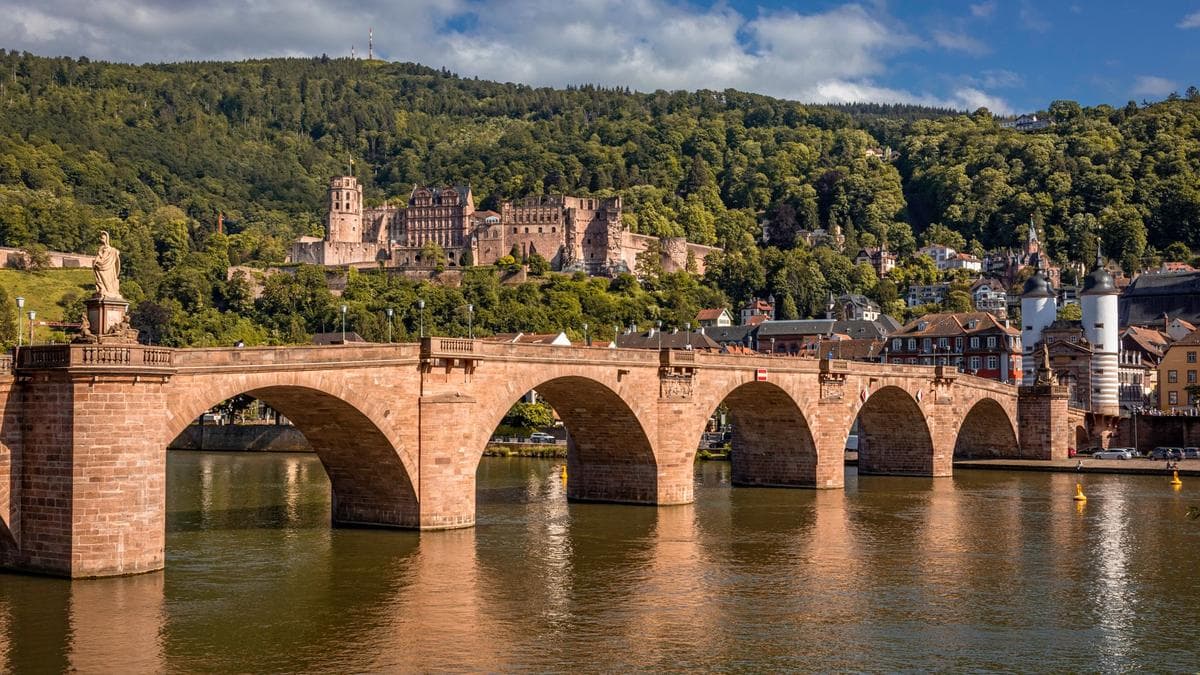 Die Alte Brücke über den Neckar in Heidelberg, dahinter das Schloss über der Altstadt