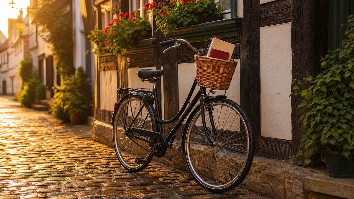 Fahrrad mit Gesetzbuch im Korb lehnt an einem Fachwerkhaus in einer Altstadtgasse