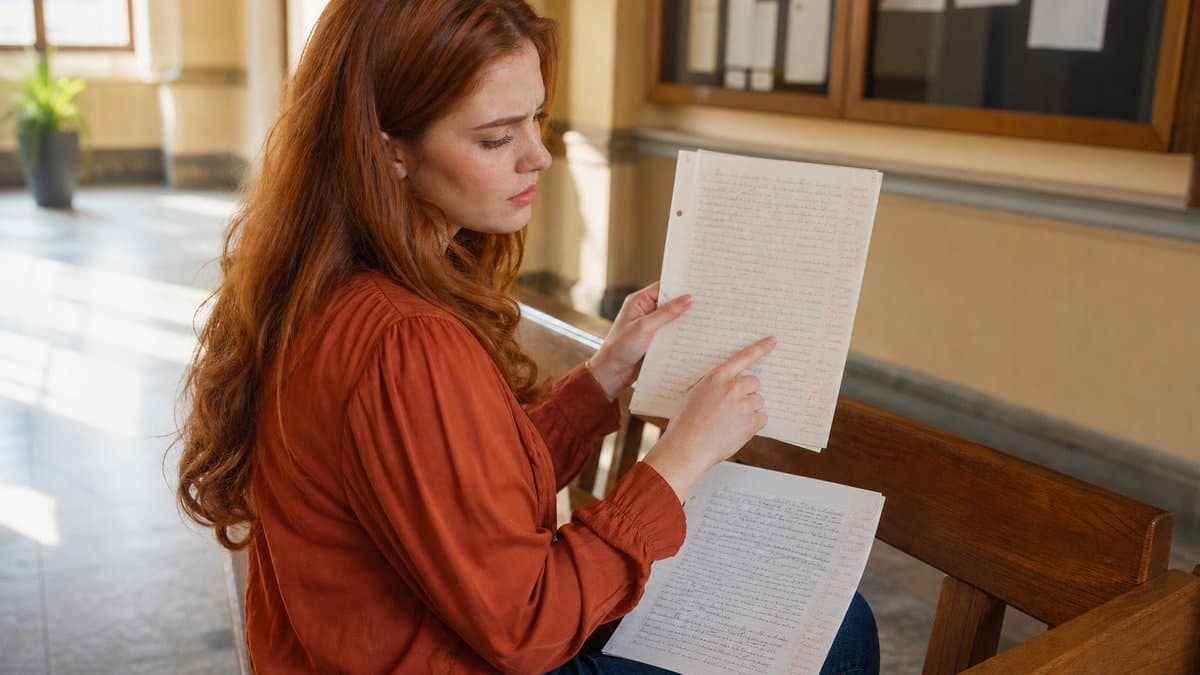 Studentin sitzt auf einer Bank im Fakultätsflur und liest ihre zurückgegebene handschriftliche Klausur mit roten Randbemerkungen