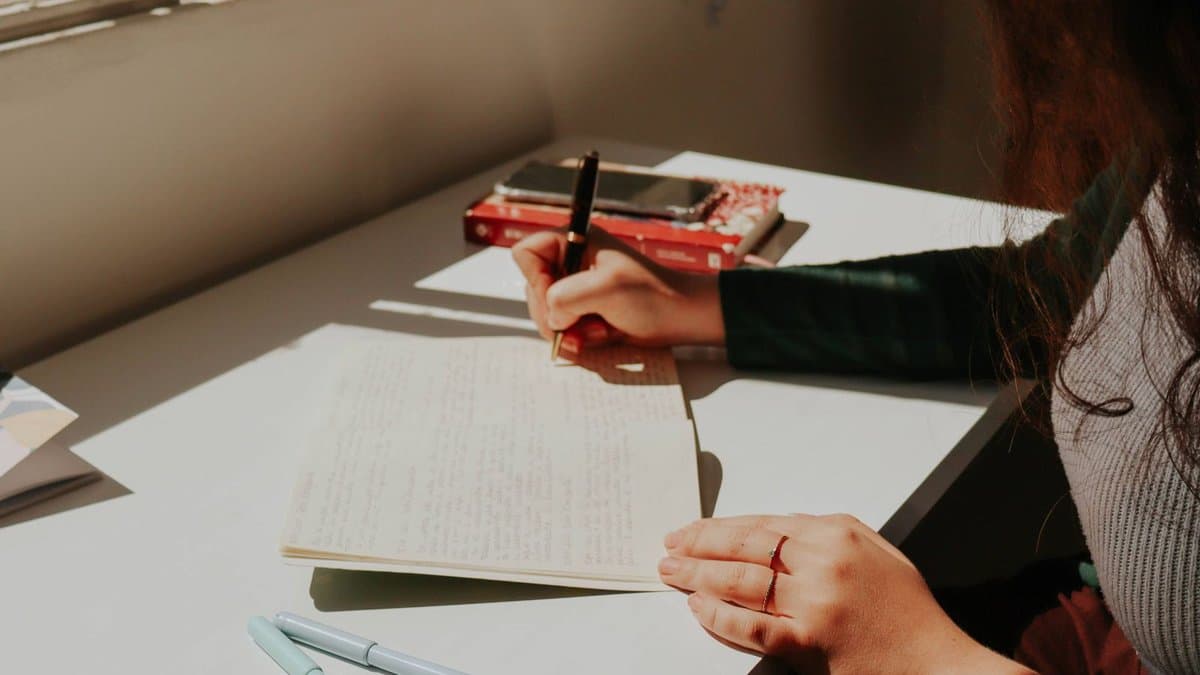 Junge Frau schreibt am Fenster im Sonnenlicht handschriftlich in ein vollgeschriebenes Heft