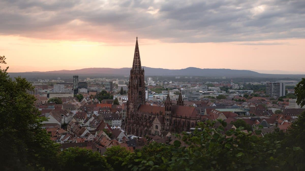 Blick über die Freiburger Altstadt mit dem Münster im Abendlicht